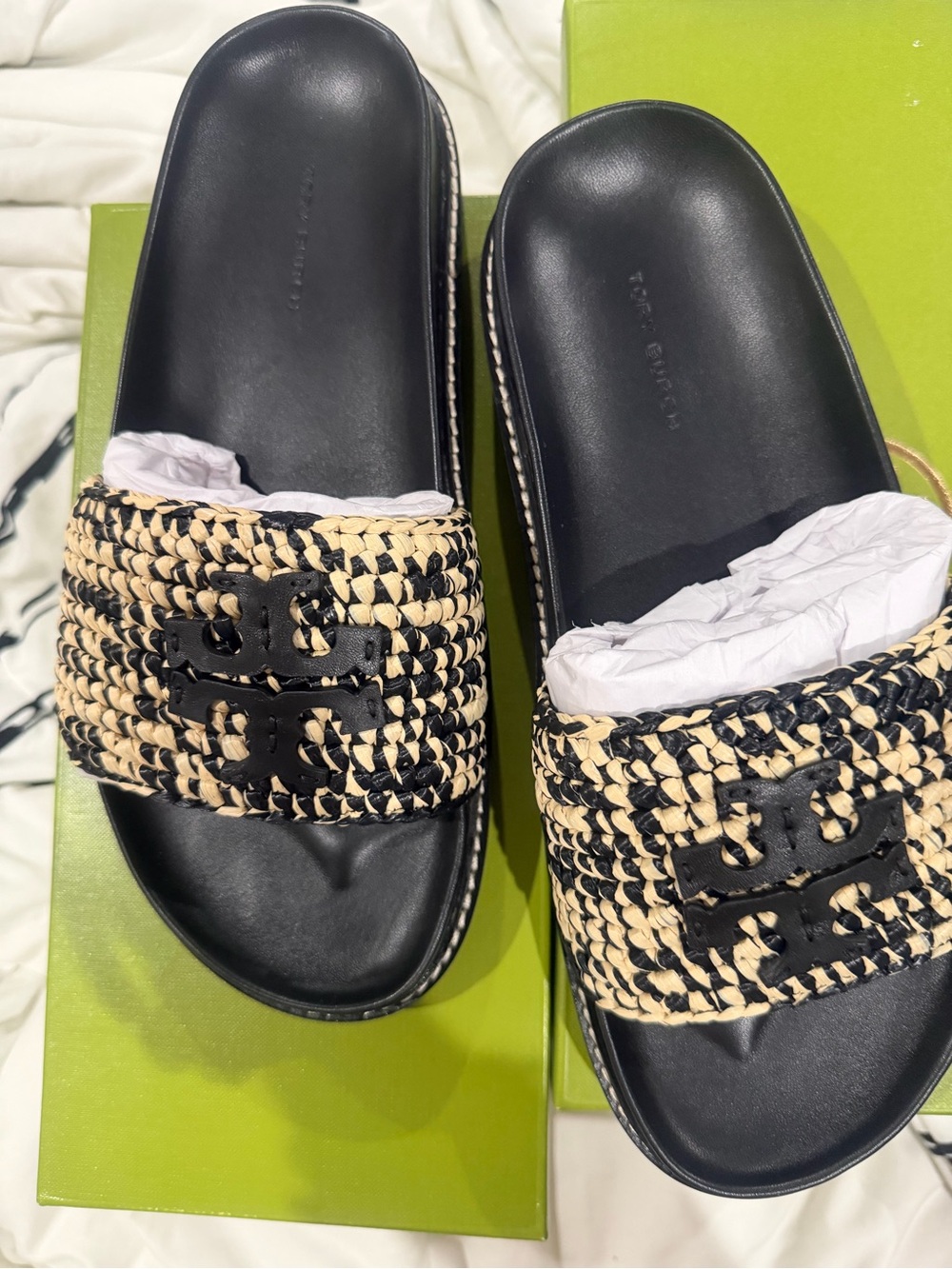 Tory Burch Black & Natural Woven Logo Slide Sandals